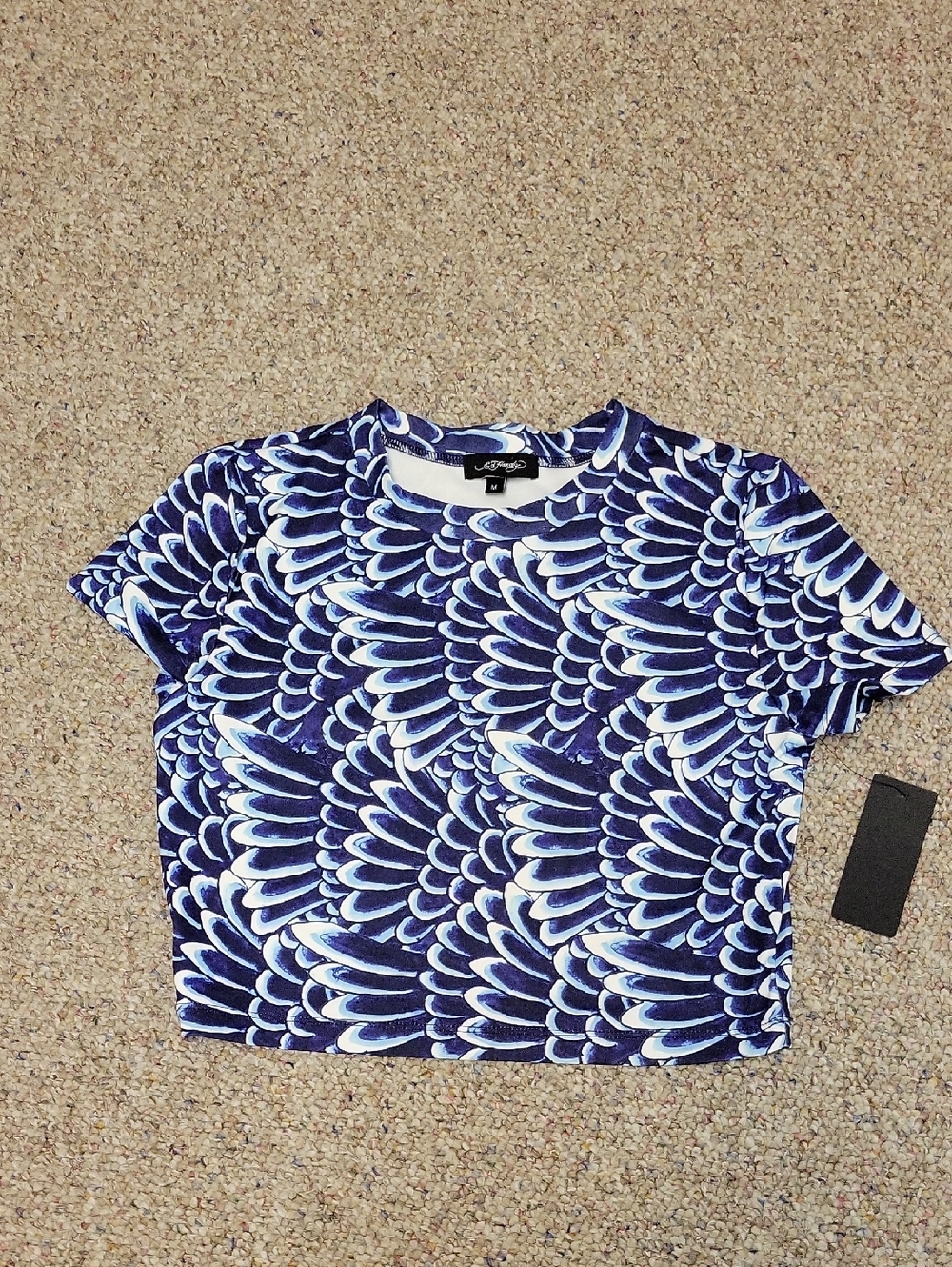 Ed Hardy Patterned Blue & White Short Sleeve Crop Top Medium New Gym Workout